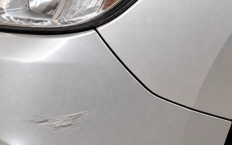Close crop of the same bumper scuff, cover-to-body seam and lamp edge.