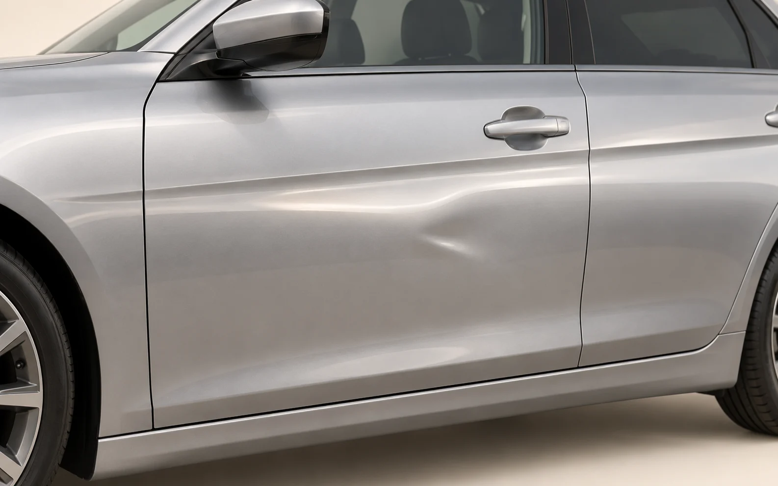 Conceptual silver door with a shallow crease and the surrounding body line visible.