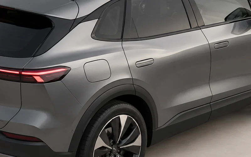 Closed flap and rear-quarter exterior from the same conceptual vehicle.