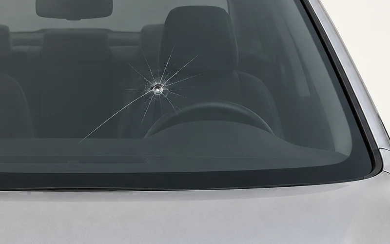 Closer crop of the same star-shaped windshield impact, fine branching cracks and lower glass edge.