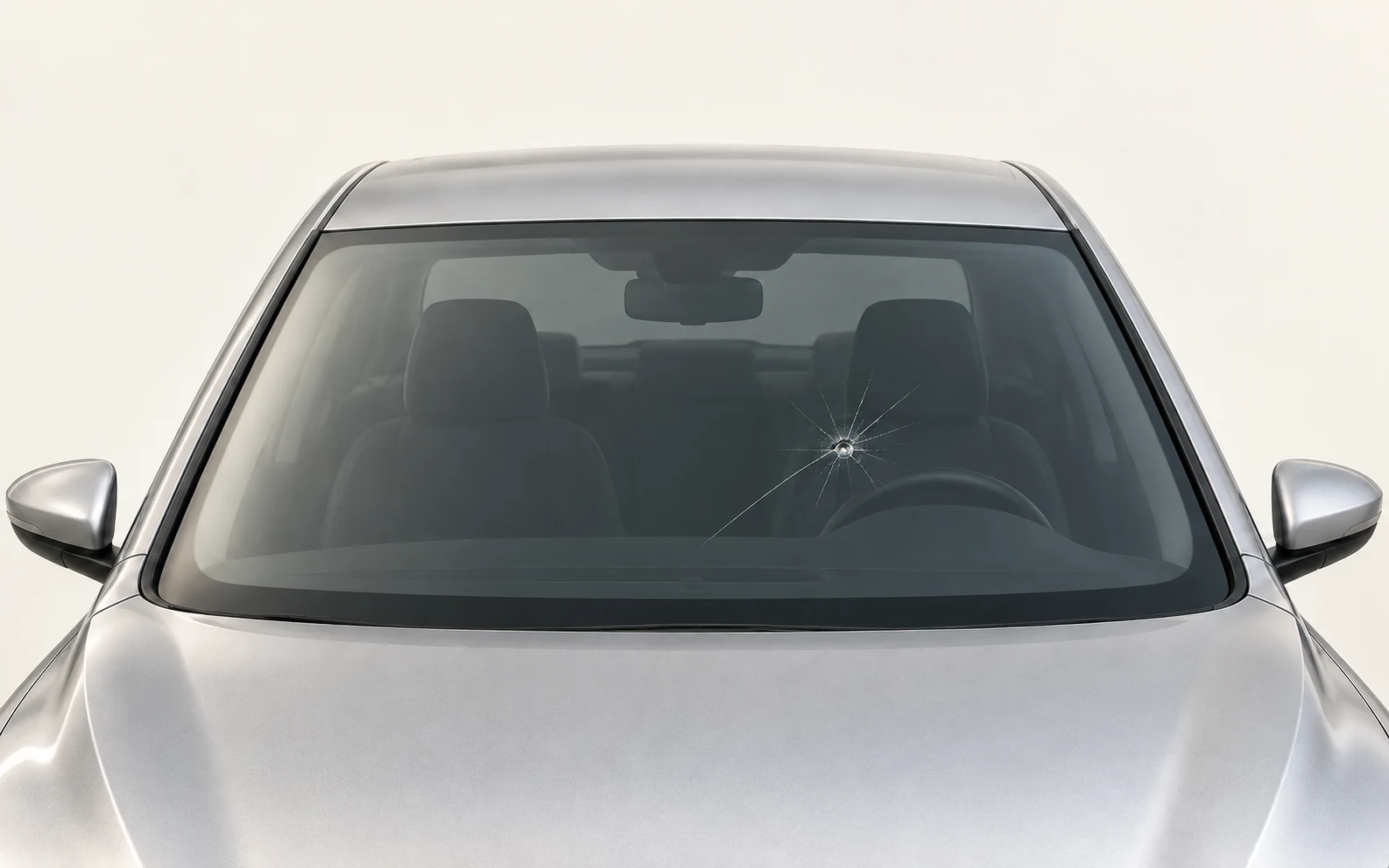Conceptual silver car viewed from the front, with a star-shaped impact and branching cracks on the driver’s side of the windshield.