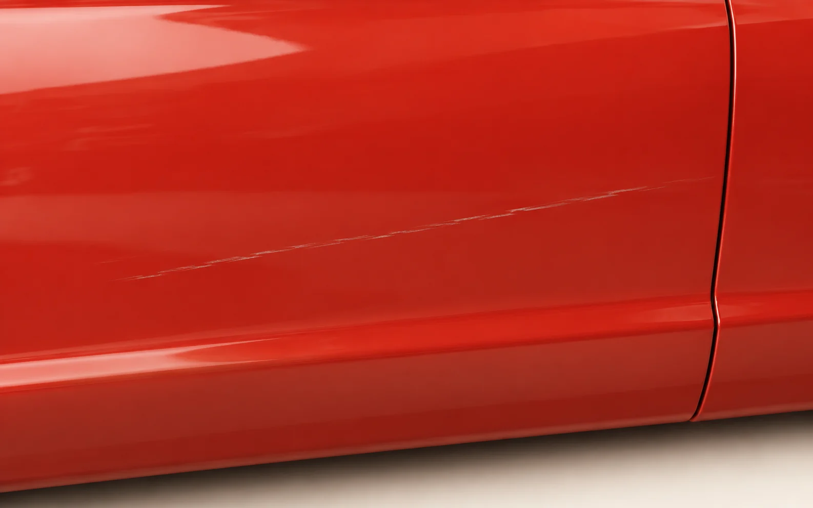 Conceptual pale surface mark crossing a vermilion panel, with its full path and nearby panel edge visible.