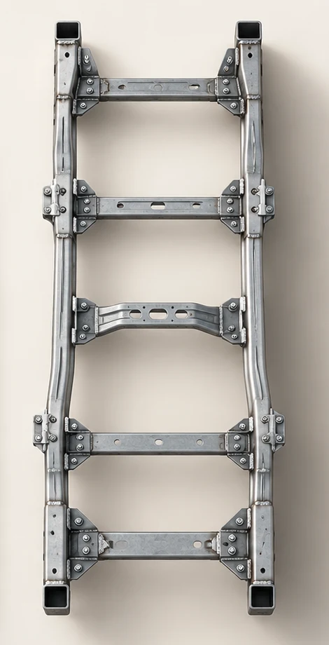 Detail of the separate generic metal frame, showing open spaces between its rails and crossmembers and the bolted connection plates.