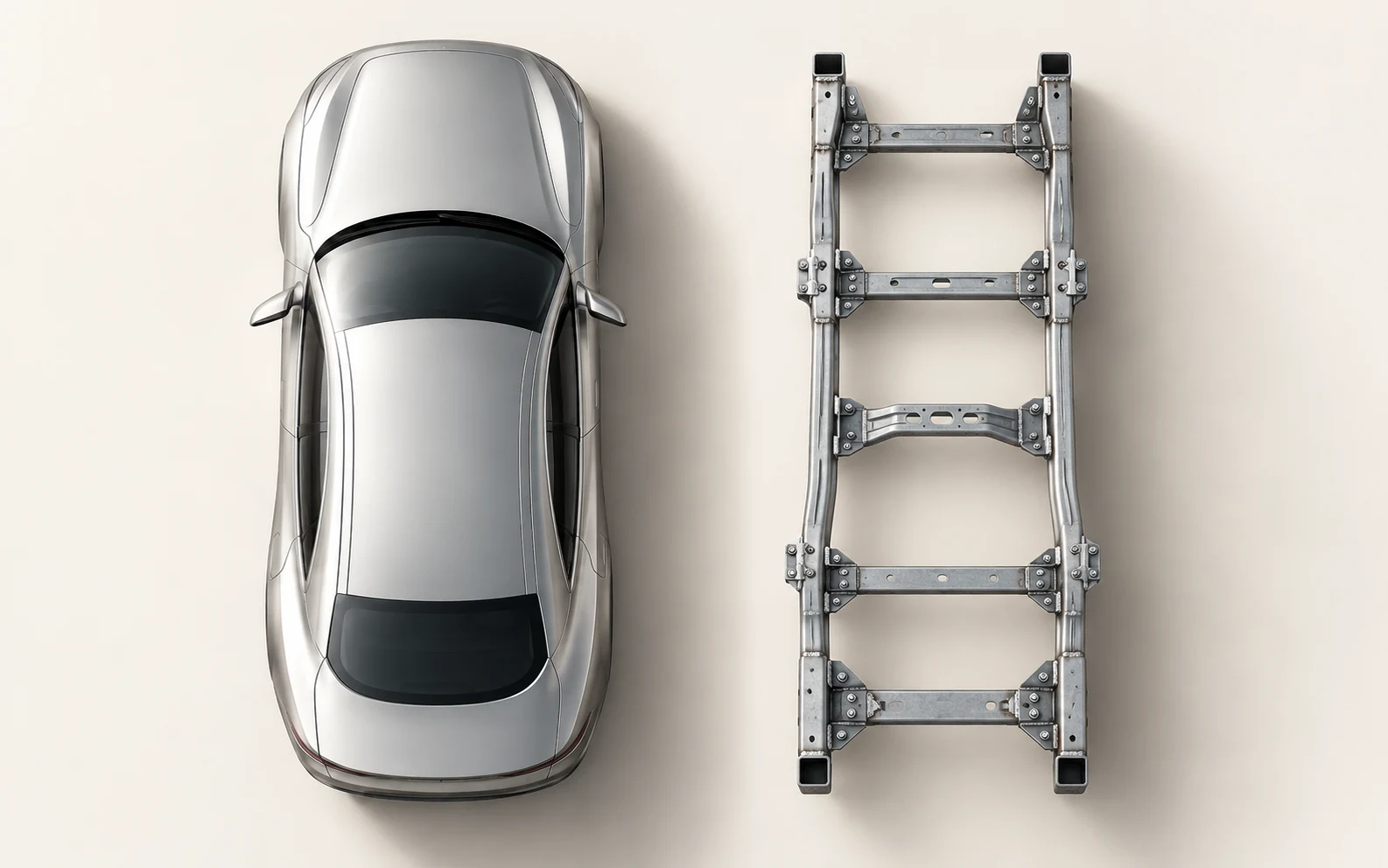 Conceptual overhead silver sedan beside a separate generic metal frame with two lengthwise rails, crossmembers and bolted joints.