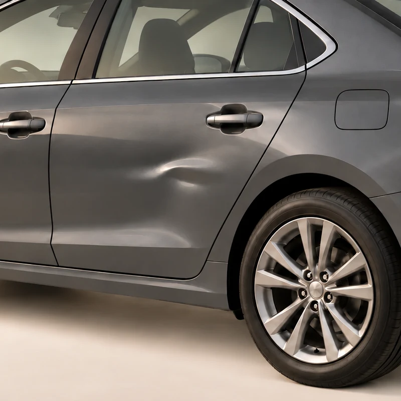Matching closer view of the illustrative rear-door dent with the intact handle visible above it
