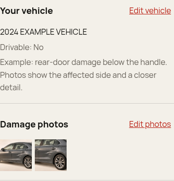 Example review for rear-door damage with two selected photos—the area view and matching closer detail—and edit controls.