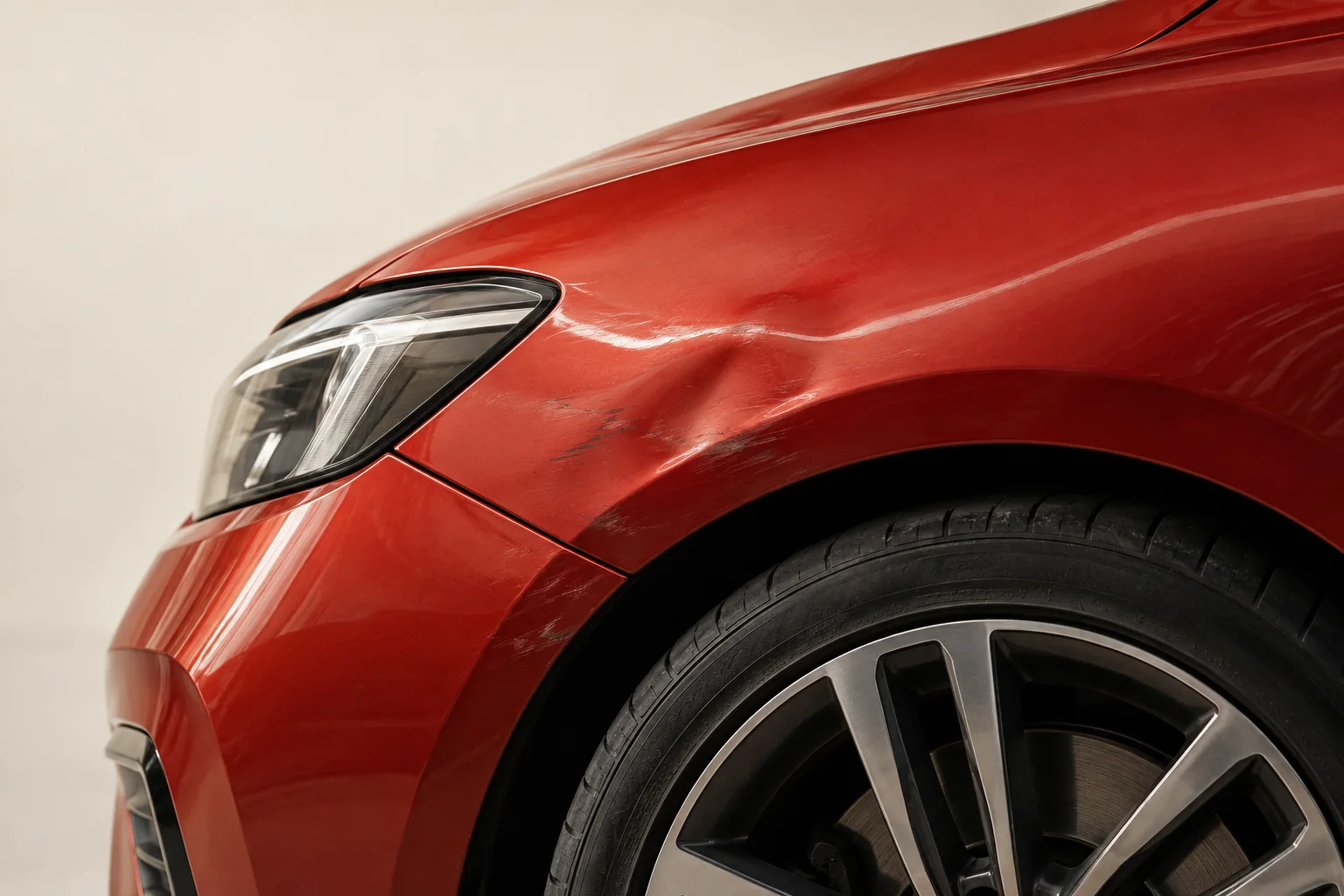 Illustrative concept of a red front fender with a dent and scuffs beside the headlight