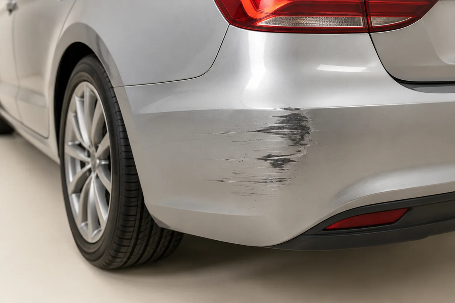 Concept study of a silver rear bumper corner with scuffs and paint transfer